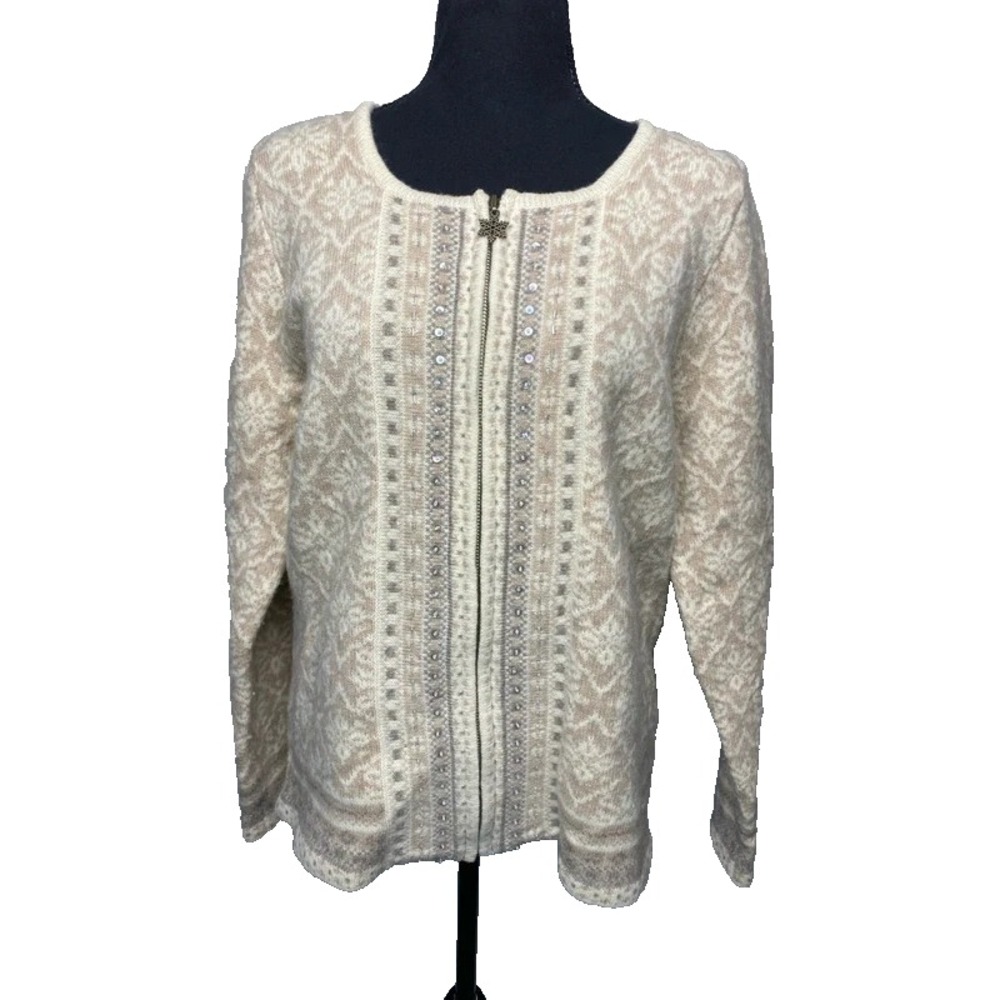 Coldwater Creek Fair Isle Cardigan Sweater M Medium Beige Zip Rhinestone Winter